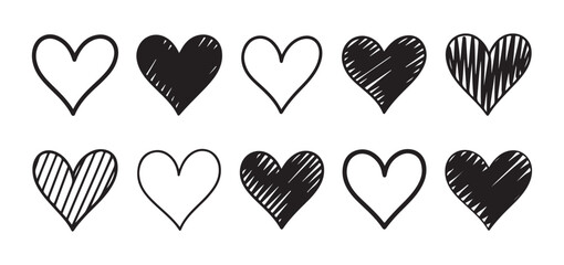 Variety of simplistic hand drawn heart icons demonstrating different hatching patterns scribble fill and simple outlines