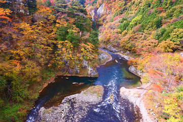 日光市　鬼怒川温泉　鬼怒川の紅葉とライン下り
