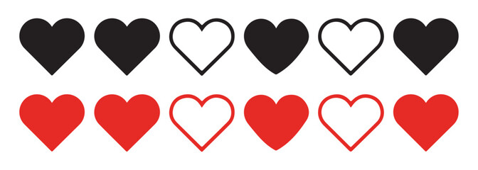 Set of 10 heart icons displaying black and red colors with solid and outlined styles for romantic themes