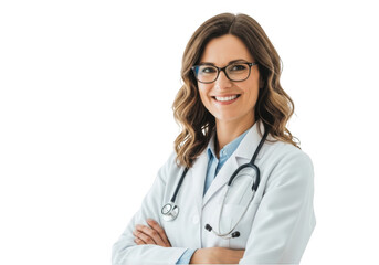 Fototapeta premium Smiling doctor woman with glasses isolated on transparent background