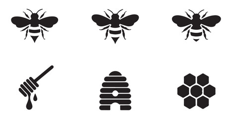 Beekeeping icons set with honeybee hive honeycomb and honey dipper for agriculture and apiary farm logo designs © Stock