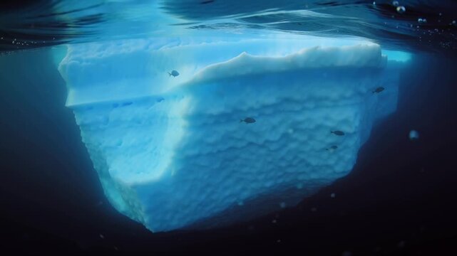 Cinematic underwater shot iceberg slowly cracking breaking apart, shards ice floating gracefully, sunlight refracting icy crystals, deep blue ocean background, particles bubbles drifting, 4K Ultra HD