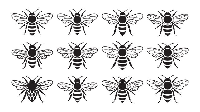 Set of honey bee vector silhouettes including different styles of flying and standing insects isolated on white background
