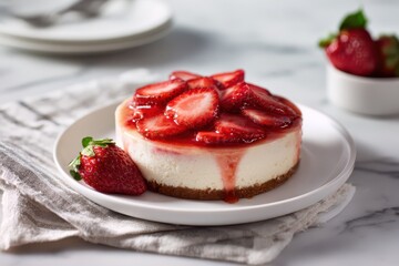 Elegant strawberry cheesecake presentation featuring fresh berries