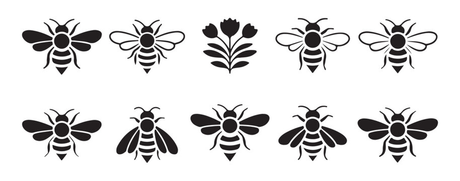 Set of ten diverse bee and floral icons featuring black silhouettes line art and various stylized nature elements