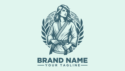 A vector illustration of a woman in a robe holding a belt, surrounded by laurel leaves and a circular design on a light green background with a logo and brand name placeholder.