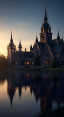 Fototapeta premium Gothic castle reflected in water at twilight