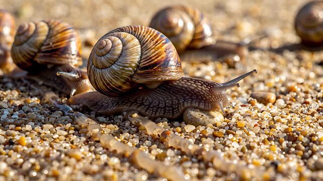 A captivating closeup of a common garden snail gracefully navigating a sundrenched pebbly terrain its intricate spiral shell and delicate body highlighted by the warm natural light with other snails .