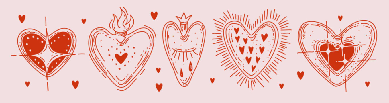 Red Mexican heart tattoo set. Vector illustration of hand drawn doodle heart icons with star, burning fire, closed eye, blood drops, gothic spiritual stickers collection, traditional love symbol