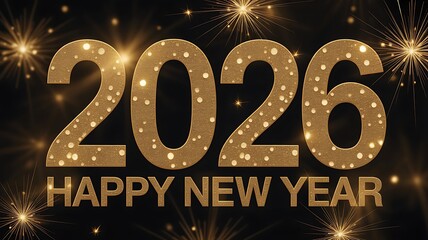 Sparkling golden 2026 Happy New Year greeting card design, featuring bright fireworks on a dark background for festive celebrations