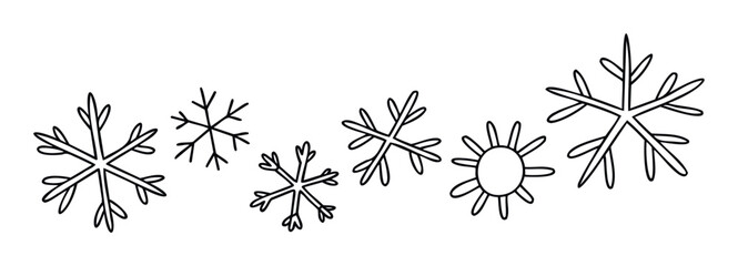 Doodle style hand drawn snowflake shapes and a sun emblem suitable for winter season holiday event branding and festive graphic decorations.
