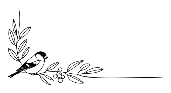 Charming line drawing featuring a delicate bird perched on a branch adorned with leaves and berries, ideal for naturethemed stationery, wedding invitations, or subtle seasonal adornments.