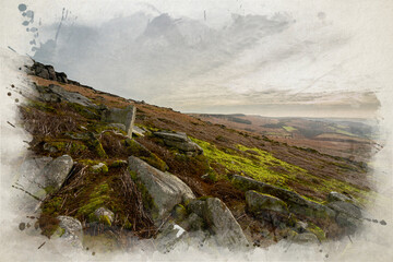 Stanage Edge Derbyshire Peak District bleak winter rural landscape digital watercolour painting.