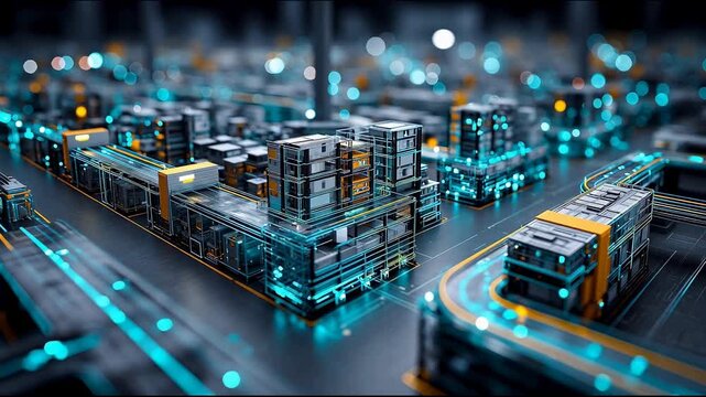 Isometric futuristic smart city model with glowing blue lights, 3D render digital technology architecture chip concept, 5G IoT and urban data infrastructure background video footage.