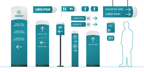Building interior signage set isolated on white. Vector realistic illustration of directory sign mockups collection with arrows, 3d totem, pylon, direction indicator, advertising board, info stand