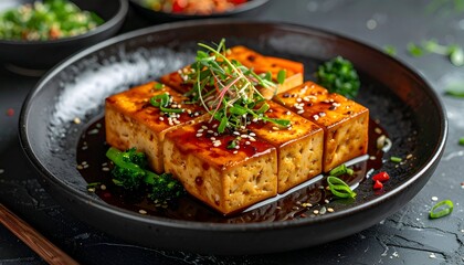 Deliciously prepared tofu cubes on plate with garnishes ready to serve