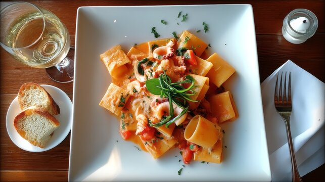 A colorful plate of paccheri pasta is beautifully arranged with fresh ingredients, accompanied by a glass of white wine and warm bread. This scene evokes a cozy dining atmosphere
