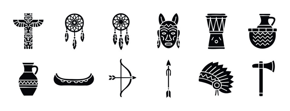 Comprehensive collection of Native American indigenous cultural symbols and traditional objects presented as simple black glyphs suitable for educational resources and graphic design