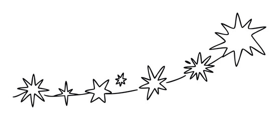 Handdrawn star garland with a dynamic upward curve for adding a playful touch to celebration graphics, childrens book illustrations, or festive event invitations.