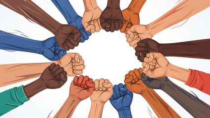 Diverse hands forming a circle with fists together in unity and solidarity on white background with diversity and inclusivity and togetherness