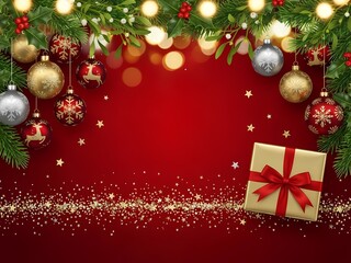 クリスマス飾りとギフト、赤背景の祝祭感