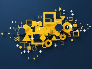 黄色の幾何学模様、濃紺背景の抽象デザイン