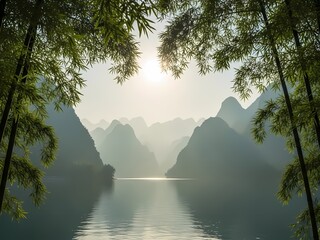 静かな湖と山々、竹林のフレーム構図