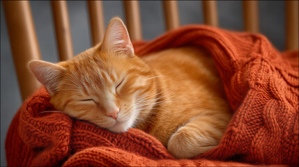 Adorable ginger cat peacefully sleeping wrapped in cozy orange knitted blanket