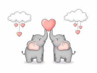 象のカップルとピンクのハートのイラスト