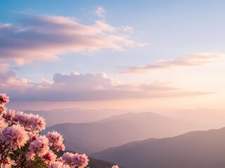 山々とピンクの花、穏やかなパステル調風景