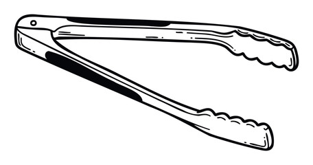 Versatile kitchen tongs, a fundamental cooking and serving utensil, presented in a crisp black and white line drawing suitable for food preparation instructions or equipment guides.