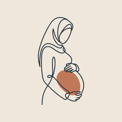 Minimalist continuous line art of a pregnant Muslim woman in hijab cradling her belly. Modern abstract vector illustration for maternity and Islamic design projects.