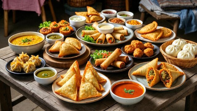 Assortment of delicious fried and steamed Asian appetizers served on a