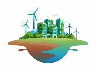 環境都市、風力発電と緑の建築イラスト