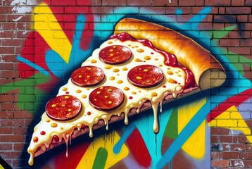 Fototapeta premium Vibrant pizza graffiti mural on a colorful urban brick wall