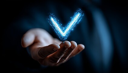 A hand holds a glowing blue checkmark within a circle on a dark background, symbolizing digital confirmation, choice, approval, or data collection in online marketing, representing verification