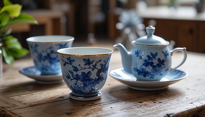 Elegant Blue Floral Porcelain Tea Set on Rustic Wooden Table