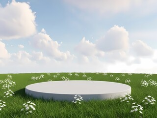白い台座、緑の草原に映えるミニマル背景