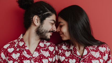 Couple in matching heart pajamas gently touching noses, feeling romantic love and shared happy connection on red background