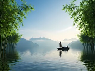 静かな湖と竹林、穏やかな水面に映る風景