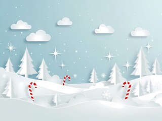 冬の風景、ペーパークラフト風の淡い水色背景