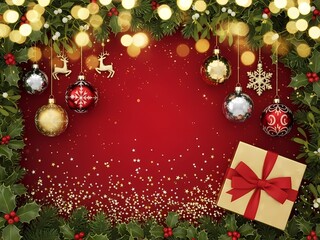 赤背景に輝くクリスマスの飾りとプレゼント