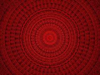 円形模様、深紅色の背景に複雑なデザイン