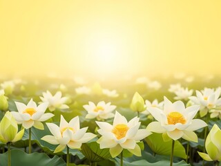 白い蓮の花、穏やかな黄色の背景に咲く様子