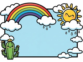 かわいい虹と太陽のフレーム、水色の背景