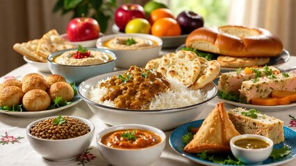 An abundant spread of diverse and delightful dishes with fresh fruits