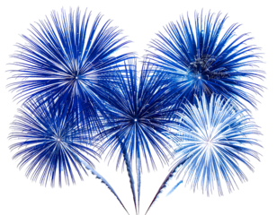 This image captures elegant bursts of fireworks with cool blue and white tones