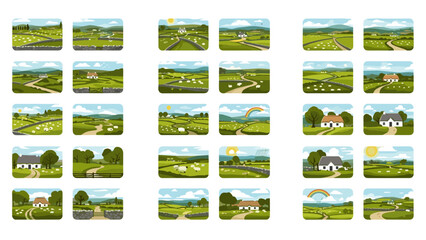 Fototapeta premium Collection of scenic countryside landscape illustrations with rolling hills and farms