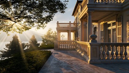 Elegant architectural exterior with balcony overlooking scenic landscape at sunset