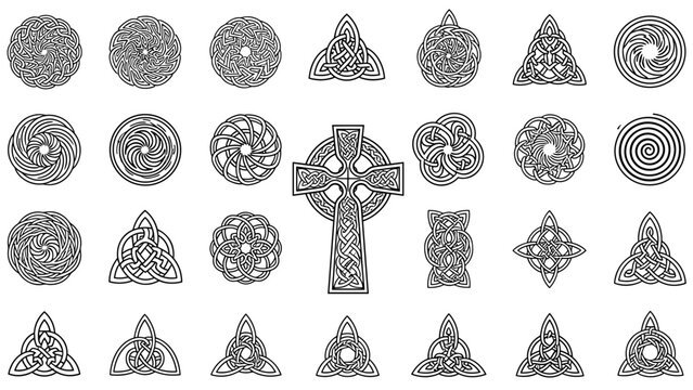 Celtic knotwork designs and symbols on including crosses and trinity knots